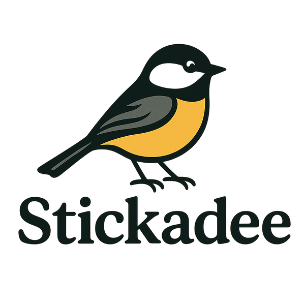 Logo of Stickadee with a stylized bird illustration on a white background